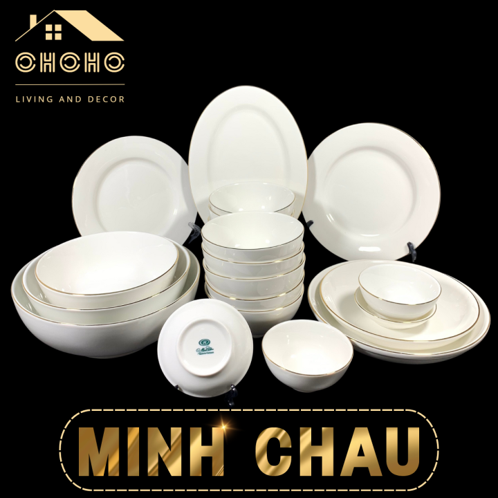 Bộ Bát Đĩa 22 Sản Phẩm Viền Vàng 12K - Set Chén Dĩa Sứ Trắng Minh Châu ...