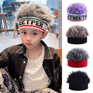 BG9T Knitted Kids Wig Hat Elastic Funny Beanies Cap Portable Cool Hair Integrated Headwear Boys Girls