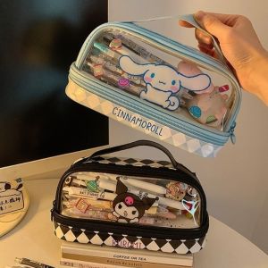 Sanrio Hello Kitty Pen Bag Kuromi My Melody Cinnamoroll Girls Cartoon Fashion Transparent Double Layer Large Capacity Portable Stationery Box Student Stationery Childrens Gift