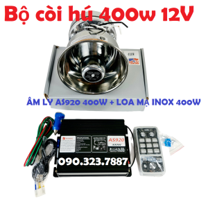 BỘ CÒI HÚ 400w: AMPLY AS920 + + LOA TRÒN MẠ INOX SÁNG BÓNG dẹt dùng cho xe cứu hộ xe cứu hỏa xe cứu thương công trình 1. Mã sản phẩm: AS920 - 400w . Có điều khiển từ xa - Điện áp đầu vào: 10 – 16V. Hoạt động ổn định 12v – 13.6v - Cường độ dòng điện