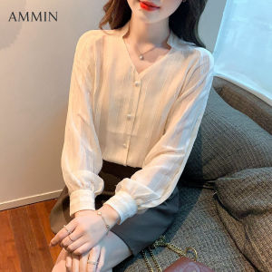 AMMIN 2023 fall new vertical stripes loose versatile V-neck lace chiffon shirtFor women