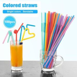 100PCS Stretch Multicolor Straws Extra Long Plastic Drinking Straws for Party Weddings Celebrations Bar Juice Drinking Straw Supplies