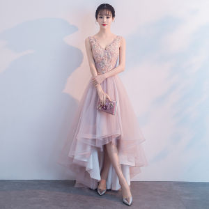 Womens Dress Short Front Long Back Lace Up Pink Wedding Host Banquet Fairy Host Dresses Evening Gown For Women