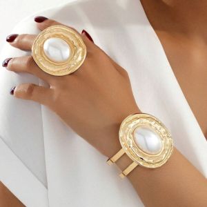 BLESSFUL 2pcs/set Exaggerated Bracelets Rings Set Irregular Geometric Wide Bracelets Big Oval Jewelry Sets Party Jewelry