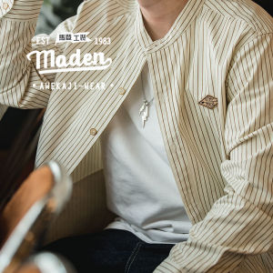 Maden brand 2025 autumn new men tooling Japanese retro calm stylish vertical pinstripe stand-up collar loose silhouette comfortable skin-friendly long-sleeved shirt