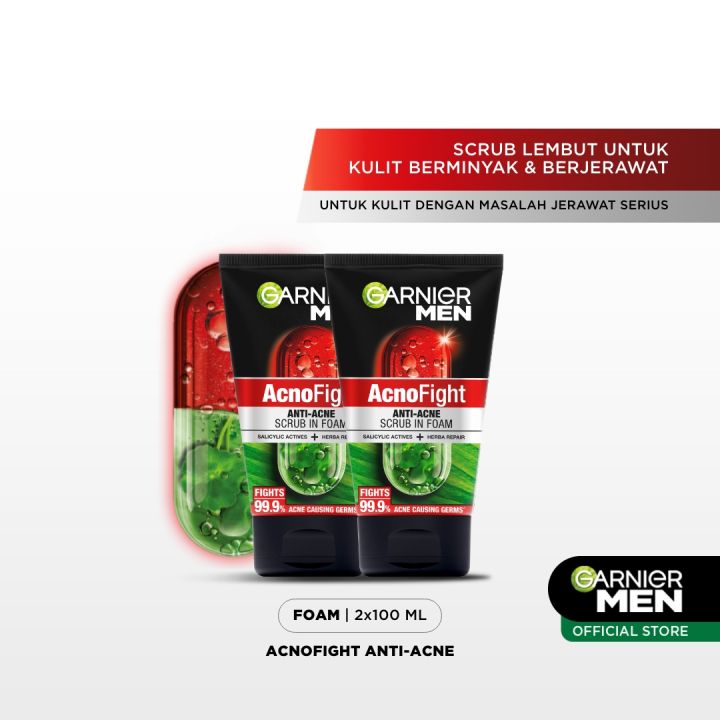 (PAKET HEMAT ISI 2) Garnier Men Acno Fight Anti-Acne Scrub In Foam Skin Care - 100ml (Perawatan Pria Untuk Wajah Berjerawat)