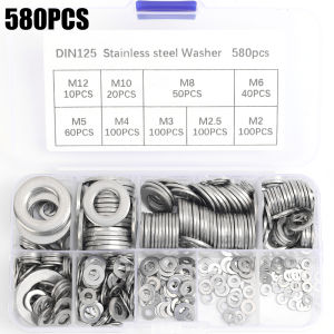 580PCS Flat Stainless Steel Washer 304 Metal O-Ring Washer Kit Classification Kit Suitable for Car Fixing Fastener Parts Repair M2 M2.5 M3 M4 M4 M5 M6 M8 M10 M12