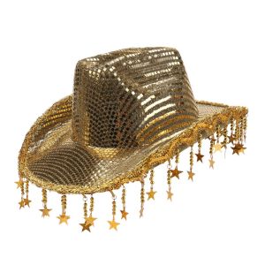 OEUVR Silver Sequin Western Cowboy Hat Gold Shiny Cowgirl Hat Retro Star Tassels Sun Hat Ladies