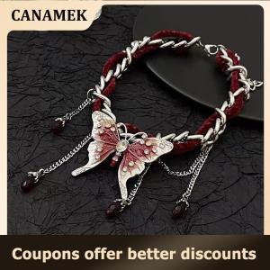 【 CANAMEK 】 Vintage Y2K Necklace For Women Fashion Velvet Butterfly Tassel Crystal Collar Neck Chain Gothic Chains