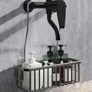 PYA94 Large Capacity Hanging Shower Basket with Hooks Silver/Black/Grey Aluminium Faucet Hanger Convenient Rustproof Bathroom Hanging Shelf Home