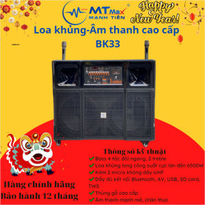 Loa kéo di động MTMAX BK33 - Kèm 2 micro không dây UHF - Dàn karaoke ngoài trời bass 4 tấc đôi ngang 2 treble BH 12T
