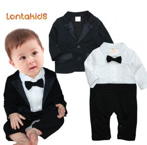 lontakids Bé Trai Tuxedo Màu Đen Đám Cưới Baptismal Romper Áo Khoác Áo Bộ Com Lê Quý Ông Trang Trọng Trang Phục Quần Áo Có Nơ 3-24 Tháng