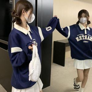 American RetroWarna Kontras Sweater Polo Kerah Atas Cetak Huruf Lengan Panjang Longgar