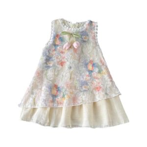 Summer girls dress lace-trimmed sleeveless floral vest dress little girls vacation princess dres