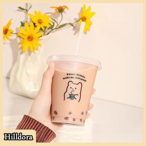 [Hilldora] Kawaii Water Bottle For Coffee Juice Milk Tea Cute Plastic Cold Cups With Straw Lid Portable Reusable Drinking Bottle BPA Free