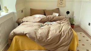 Japanese Style 100%Cotton Bedding Set 4-In-1 Pillowcase Duvet Cover Bed Sheet Single Bed Queen Bed King Bed Small Grid