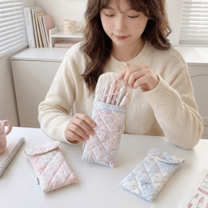 AISHA Drop-Proof Quilted Padded Glasses Case Sweet Floral Print Lace Bow Decor Pen Bag Sweet Portable Cosmetic Storage Pouch School Supplies