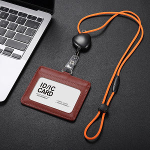Badge for Work Genuine Leather Pendant for Identification Card with Retractable Lanyard Neck Card Holder Business Tag Holder Tag