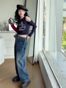 Little RD Girls Color Block Off-Shoulder Long Sleeve Set 2025 American Retro Side-Slit Jeans Two-Piece Set