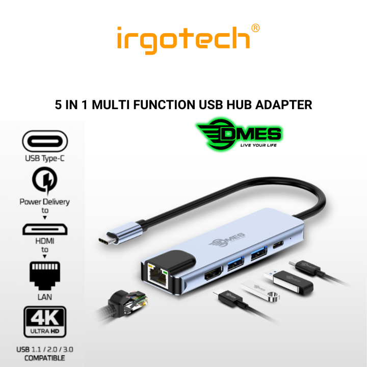 DMES DH5 Type-C 5 in 1 Multi Function USB Hub Adapter with Expansion Port USB 3.0 Port x2 / HDMI Port x1 / Type-C PD x1, Type C to HDMI Converter Adapter, Type C to LAN Converter, USB C Charging Hub