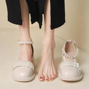 รองเท้าคัทชูหัวกลมผู้หญิงแบบนุ่มนิ่มรองเท้าหนัง Mary Jane รองเท้าส้นสูง6ซม. พร้อมมุกใส่สบาย