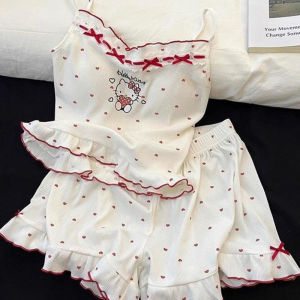 Sanrio Sweet Hello Kitty Print Pajamas for Women Summer New Sleeveless Short Tops & Shorts Homewear 2Pcs Set Suitable for Women