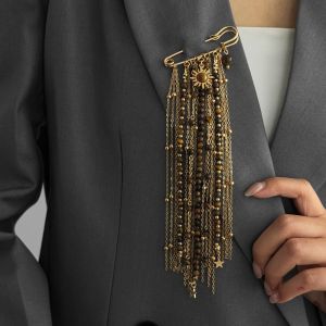 LUMINOU loại Trâm cài áo Chuỗi nhiều lớp Đá mắt hổ Trâm cài trang trí quần áo Retro Làm thủ công Ghim cài áo Phụ nữ