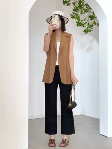 Mid-Length Pleated Sleeveless Jacket Womens Clothing Elegant Suit Collar Loose Slimming Solid Color #20230471