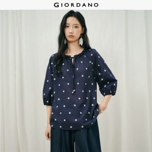 Giordano Women Floral embroidery tie neck 1/2 sleeve blouse Free Shipping 18346724