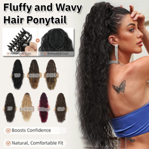 Fluffy Wavy Ponytail Clip-On Long Curly Hair Wig Synthetic Hairpiece for Women Claw Clip Ponytail Hair Extensions