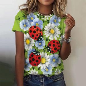 [Local Stock] ZEEMIN Summer Ladybug Floral 3D Print T-shirts Women Streetwear Casual Fashion Y2k Short Sleeve T Shirt O-neck Tees Tops Clothing