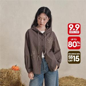 Giordano Women Plaid embroidery drawstring hooded shacket Free Shipping 18376308