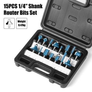 MIRELAE 15Pcs Dụng cụ làm mộc Mũi phay có chuôi 1/4 inch Lớp phủ màu xanh Hợp  vonfram Mũi phay cắt tỉa  Có hộp đựng. Mũi phay carbide dùng để cắt tỉa và khắc trên gỗ.