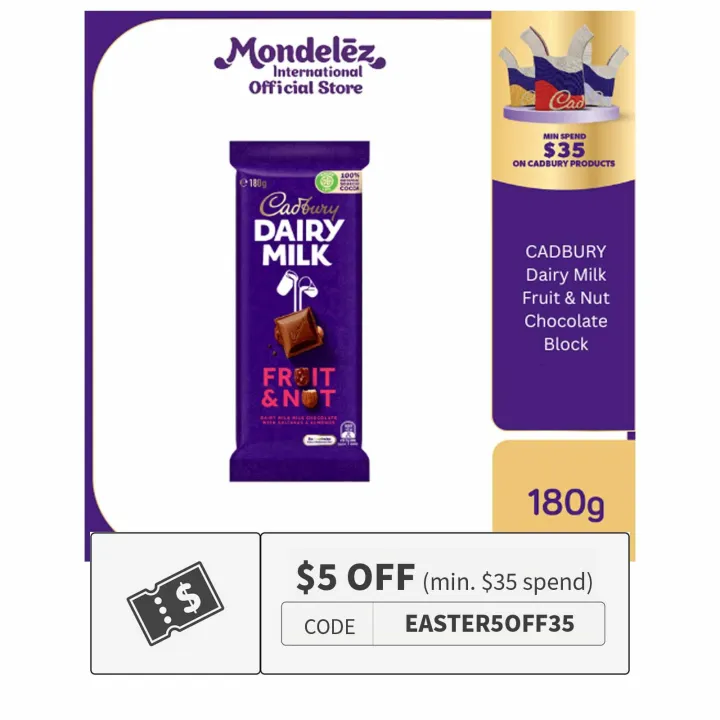 CADBURY Dairy Milk Fruit & Nut Chocolate Block 180G