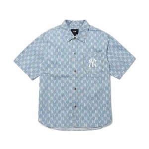 Phiên Bản Hàn Quốc mlb Bộ Đồ Denim Ngắn Tay Cho Nam Và Nữ Áo Sơ Mi Denim Cổ Điển Cũ Ngắn Tay Quần Short Denim