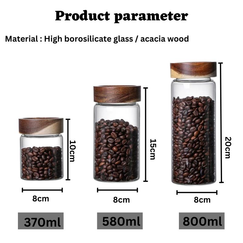 Tarro de vidrio con tapa de madera, recipiente hermético para especias y alimentos secos._voghion.com