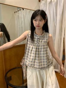 【READYSTOCK】Korean sleeveless doll top sleeveless blouse loose top checkered top 现货娃娃衫 无袖上衣 格子背心 日系