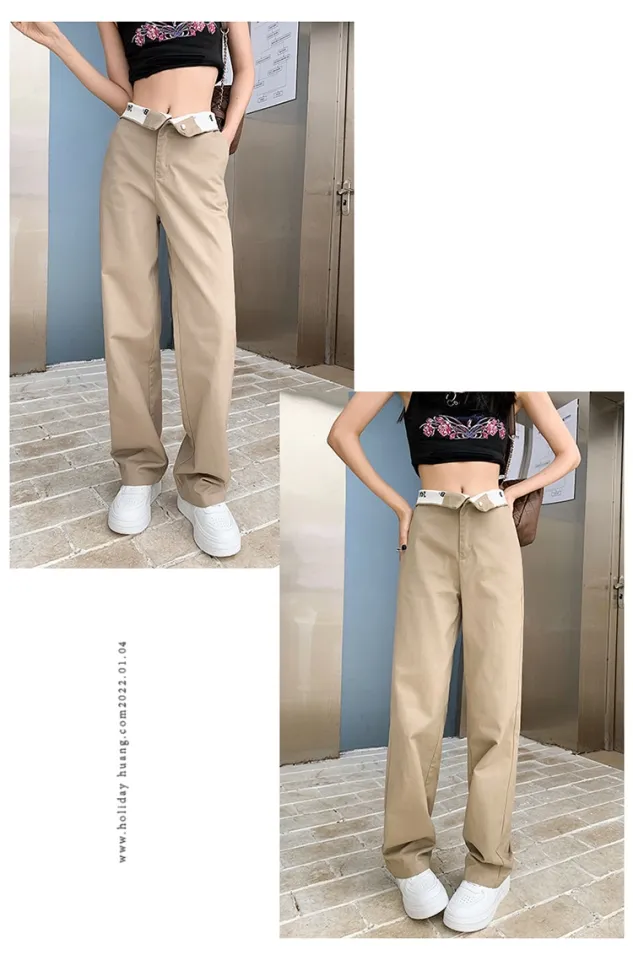 Jielur Hit Color High Waist Pants Women Pockets Loose High Street Straight  Pants Summer Navy Blue Khaki Trousers Female S-XL