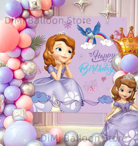50 Pieces/Set of Princess Sophia Themed Birthday Party Decorations Set Banner Spiral Decor Cake Decorating Balloons (Giveaway: Air Pump + Double Sided Tape)