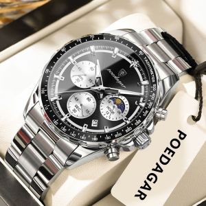 POEDAGAR multifunctional watch for men waterproof 2026 original branded stainless steel date chronograph watch