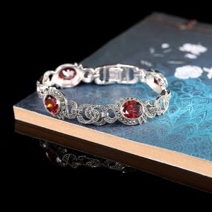 Sparkly Facet Red Garnet Bracelets Women Vintage Marcasite Bracelets Crossed 925 Sterling Silver Jewelry Hollow Bangles Ethnic