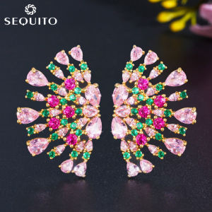 SEQUITO New Designer Multi Cut Rose Red Pink Green Color CZ Stones Fan Shape Stud Earrings Women Beautiful Earing Jewelry Gifts SE178
