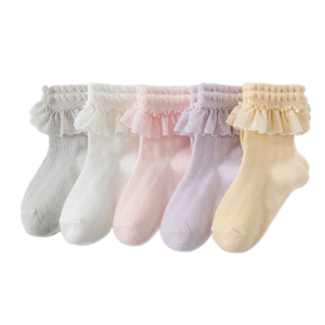 5 Pairs Soft & Breathable Cotton Ankle Socks Infants Calf Length Socks Set for Girls Feature Stylish Ruffle Design