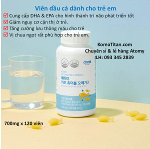Viên dầu cá cho trẻ em chứa hàm lượng cao DHA và EPA phát triển trí não thông minh sáng mắt và hoàn thiện hệ tim mạch dạng viên nhai chua ngọt không mùi tanh (700mg x 120 viên) - Atomy Kids Chewable Omega 3 - 애터미 키즈 츄어블 오메가3 - Atomy Kids Жевательные Ом