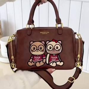 Retro Cartoon Bear Appliqué Embroidery Bowling Bag for Women Detachable Wide Shoulder Strap Large Capacity Multiple Compartments Handbag Shoulder Bag Crossbody Bag Available in Multiple Colors  #7854