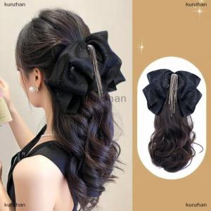 [COD] kunzhan Tassel Bow Wig Ponytail Claw Clip Temperament Slightly Curly Hair Natural Heat-resistant Hair Accessories