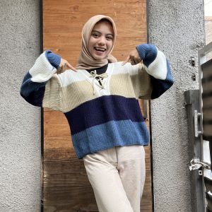 Sweater Rajut Crop Oversize Lengan Balon Motif Ceria Warna-Warni