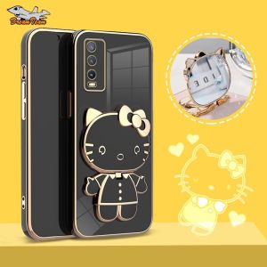 Luxury Silicone Soft Case For VIVO 1819 1818 2040 V2022 1904 1940 1902 1901 1915 2029 2026 2033 2042 2043 2027 2032 2038 2048 1938 1609 1713 1724 1801 1850 1716 1907 1808 1814 1815 1929 1816 1817 1820 1811 1807 Smooth Plating KT Cat Makeup Mirror stand