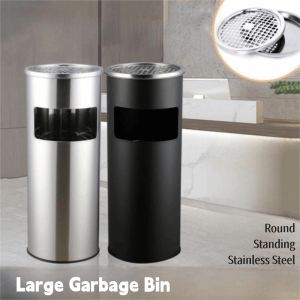 XU HOME Round Large Garbage Bin Standing Stainless Steel Trash Can Outdoor Durable Waste Bin for Public Place Garden