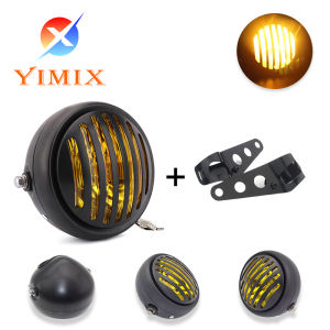 YiMiX Motorcycle headlight black metal grille headlight retro round yellow headlight with headlight bracket